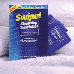 Swipe Cleansing Towelettes, part of the Skin Therapy Shaving System by Shaver's Choice, kill germs and bacteria that cause infections of razor bumps and ingrown hairs